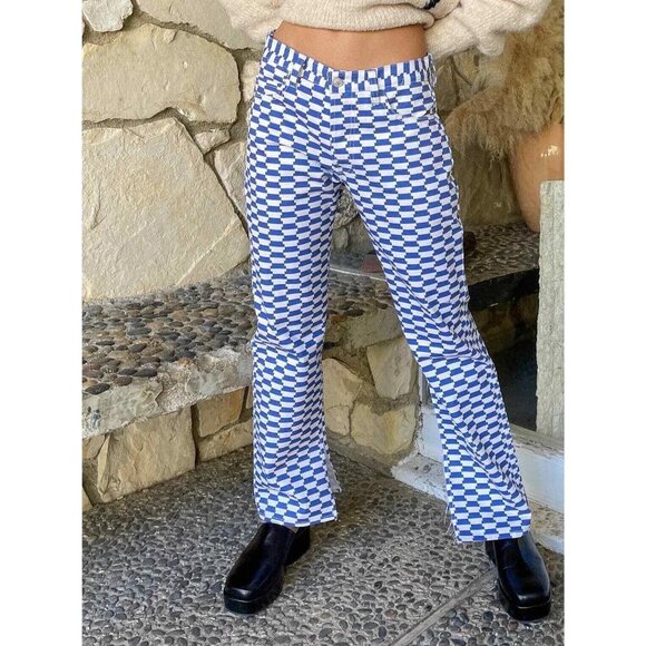 Lisa Says Gah‎ Sz 14 XL Blue White Checkered Denim Ellis Jeans Flare Split Leg - Picture 3 of 13